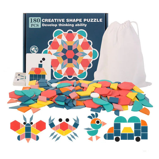 Spark Learning & Creativity: 180-Piece Montessori Wooden 3D Shape Puzzle Set
